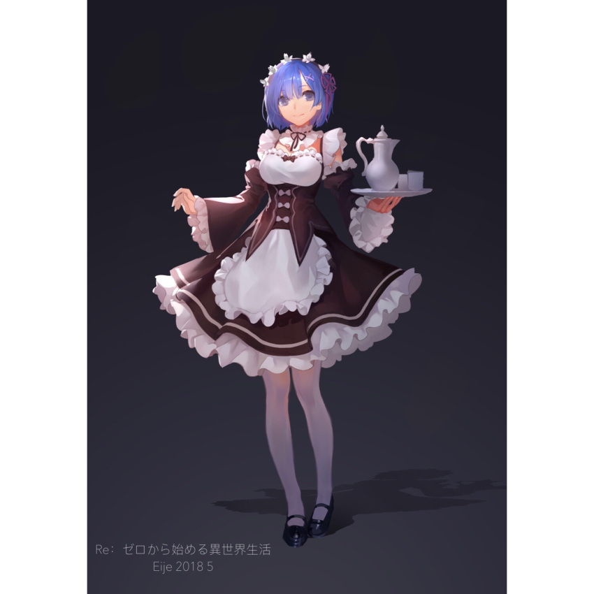 1girl, apron, bangs, black_bow, black_footwear, black_ribbon, black_skirt, blue_eyes