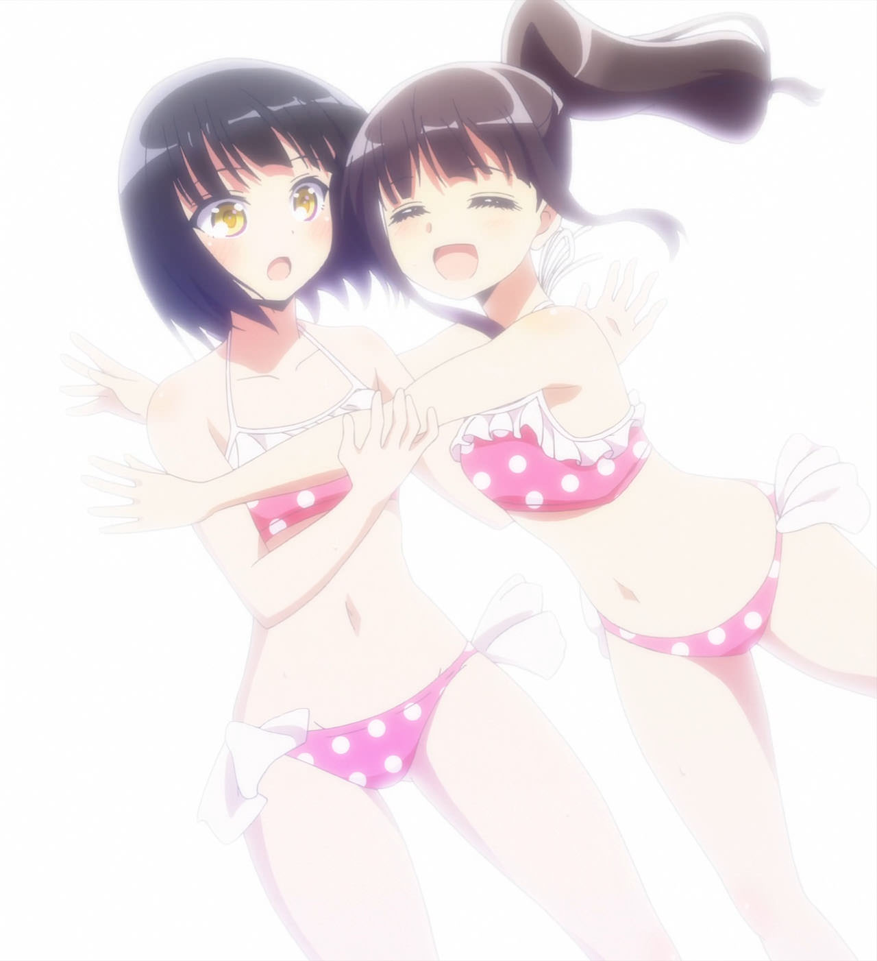 2girls, bikini, black_hair, brown_hair, closed_eyes, harukana_receive, higa_kanata, highres
