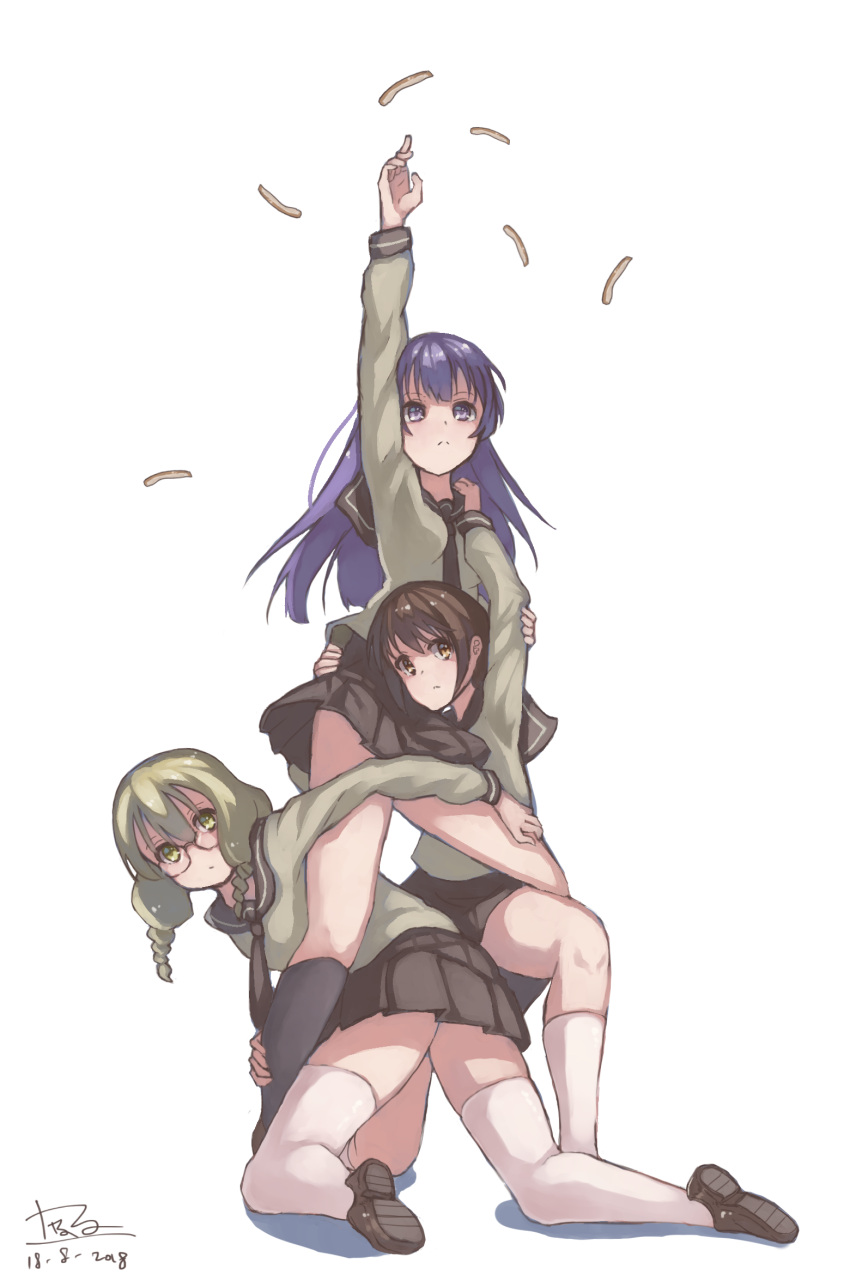 3girls, arm_up, black_legwear, black_skirt, braid, brown_eyes, brown_footwear, brown_hair