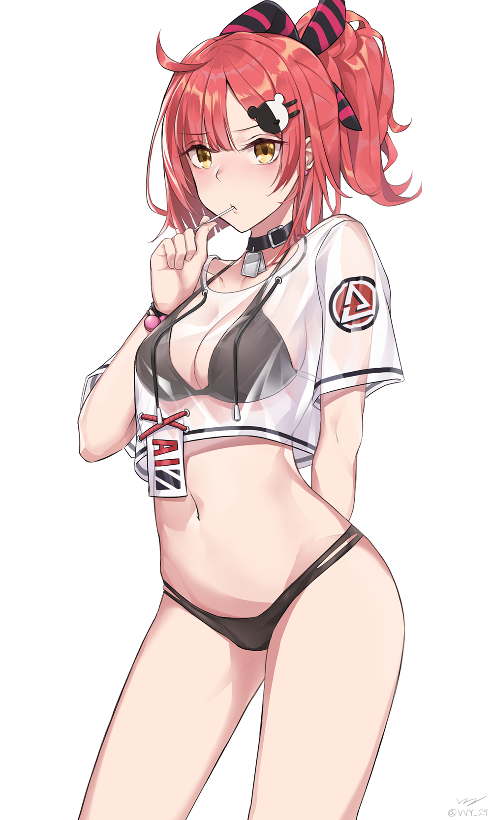 1girl, ahoge, arm_behind_back, bangs, bear_hair_ornament, bikini, bikini_under_clothes, black_bikini