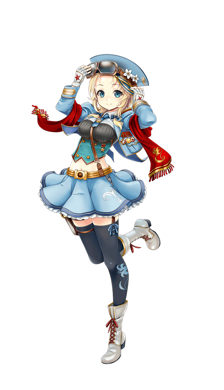 1girl, black_legwear, blonde_hair, blue_eyes, blue_jacket, blue_skirt, boots, formation_girls