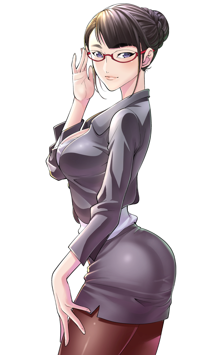 1girl, ass, bad_hand, black_legwear, blush, breasts, brown_hair, brown_legwear