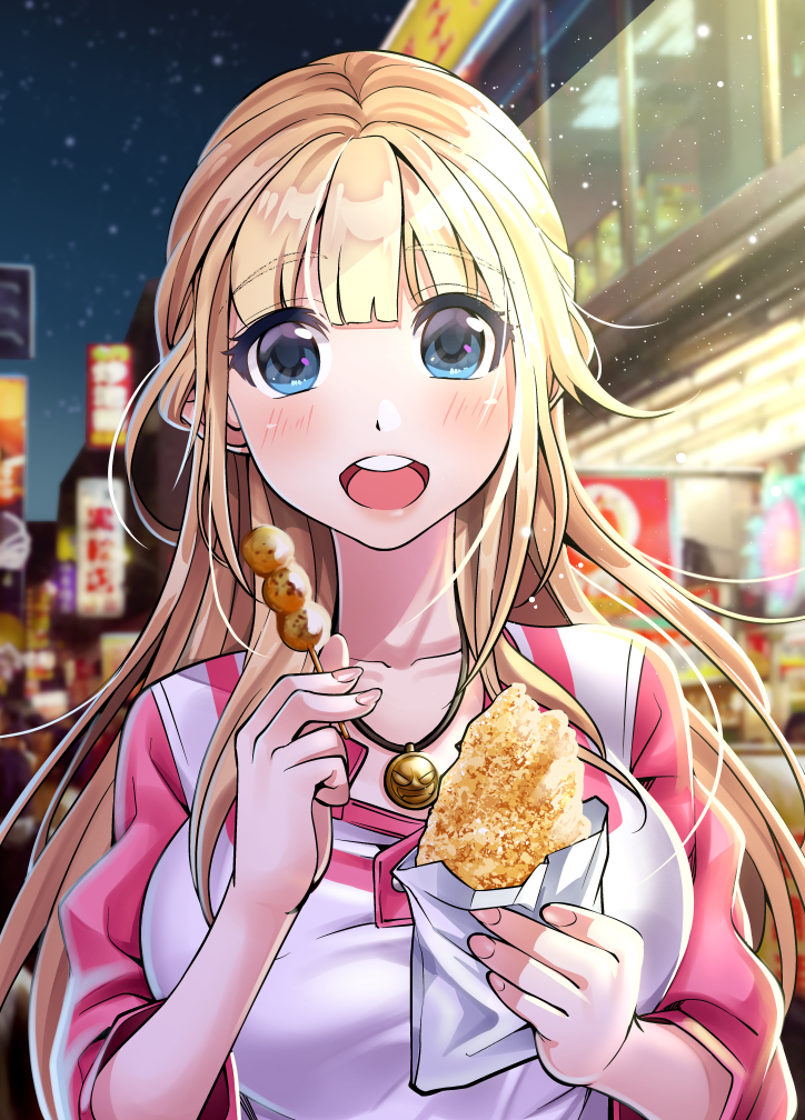 1girl, :d, blonde_hair, blue_eyes, blurry, blurry_background, blush, breasts, eating, eyebrows_visible_through_hair, food, food_request, jewelry, large_breasts, long_hair, looking_at_viewer, necklace, night, open_mouth, original, outdoors, pendant, shirt, sign, skewer, smile, solo, upper_body, white_shirt, yukihiro_(kimizora)