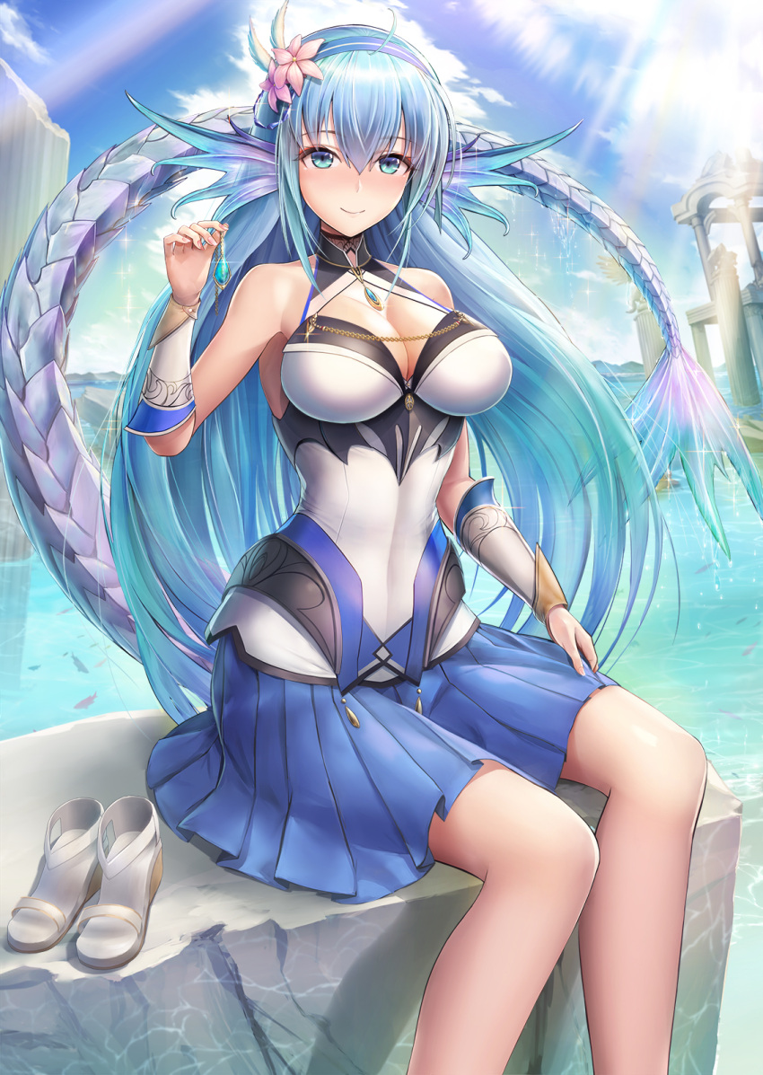 1girl, ahoge, animal_ears, aqua_hair, aquamarine_(stone), armor, armpits, bangs, bare_legs, bare_shoulders, blue_hair, blue_skirt, blue_sky, blush, breasts, chains, cleavage, cleavage_cutout, closed_mouth, clouds, day, dragon, dragon_ears, dragon_girl, eyebrows_visible_through_hair, fantasy, feet_out_of_frame, flower, gauntlets, hair_between_eyes, hair_flower, hair_ornament, hairband, highres, holding_necklace, jewelry, large_breasts, long_hair, looking_at_viewer, morichika_shuuto, multicolored_hair, nail_polish, ocean, original, outdoors, pendant, pink_nails, pleated_skirt, purple_hair, ripples, rock, ruins, sandals_removed, sidelocks, sitting, skirt, sky, smile, solo, sparkle, summer, sunlight, tail, very_long_hair, water, wet_tail