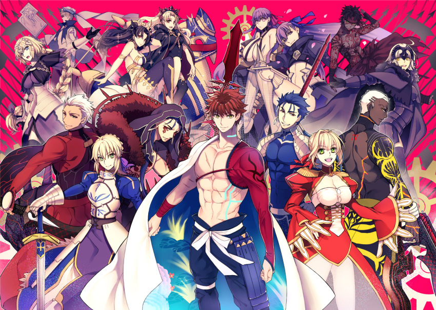 6+boys, 6+girls, :d, archer, armor, armored_dress, artoria_pendragon_(all), avenger