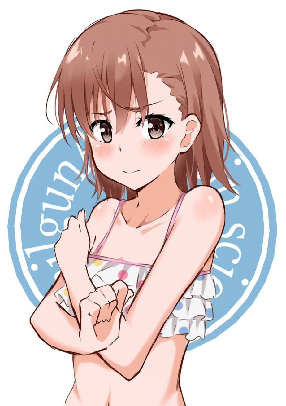 1girl, bangs, bare_arms, bare_shoulders, bikini, blush, brown_eyes, brown_hair