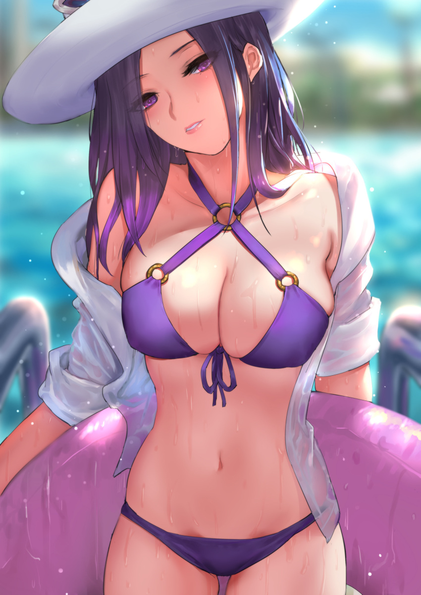 1girl, bangs, bikini, blurry, blurry_background, caitlyn_(league_of_legends), criss-cross_halter, depth_of_field