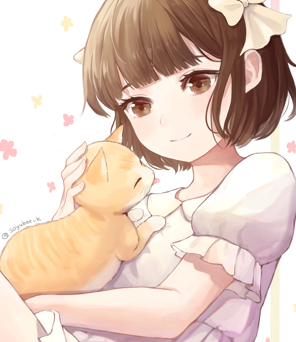 1girl, animal, artist_name, bangs, blunt_bangs, blush, bow, brown_eyes, brown_hair, cat, cat_tail, closed_eyes, closed_mouth, collared_dress, commentary_request, commission, dress, floral_background, frilled_sleeves, frills, hair_bow, head_tilt, knee_up, looking_at_viewer, orange_cat, original, peter_pan_collar, petting, pink_dress, pleated_sleeves, puffy_short_sleeves, puffy_sleeves, short_hair, short_sleeves, sitting, smile, solo, soyubee, tail, tongue, tongue_out, twitter_username, upper_body, whiskers, white_background, white_bow, white_dress