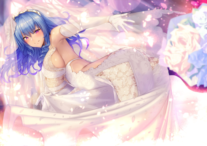 1girl, ahoge, armpits, ass, azur_lane, bangs, bare_shoulders, blue_hair, blurry, blurry_background, blush, bouquet_toss, breasts, bridal_veil, bride, church, cleavage, dress, dress_lift, drill_hair, elbow_gloves, eyebrows_visible_through_hair, floating_hair, gloves, hair_between_eyes, highres, large_breasts, lifted_by_self, light_particles, long_hair, looking_at_viewer, outstretched_arm, petals, satou_daiji, see-through, sideboob, smile, solo, st._louis_(azur_lane), veil, violet_eyes, wedding_dress, white_dress, white_gloves, wind, wind_lift