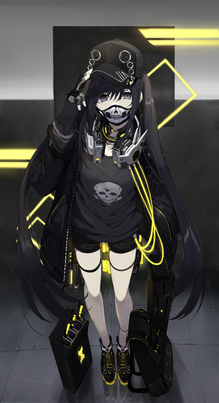 1girl, adjusting_hair, bag, baseball_cap, black_eyes, black_hair, black_shorts, cable
