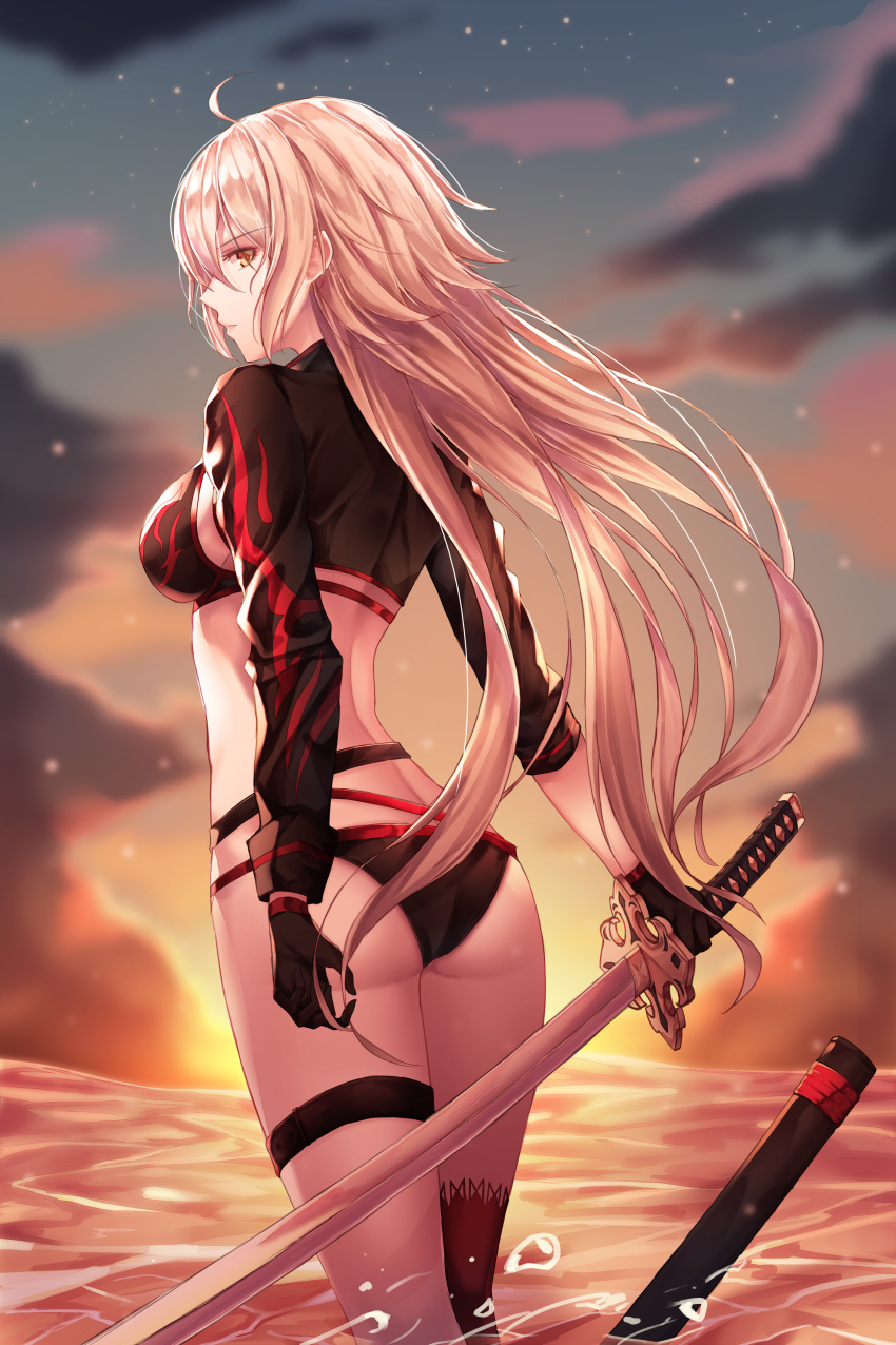 1girl, absurdres, ahoge, ass, bangs, bikini, black_gloves, breasts