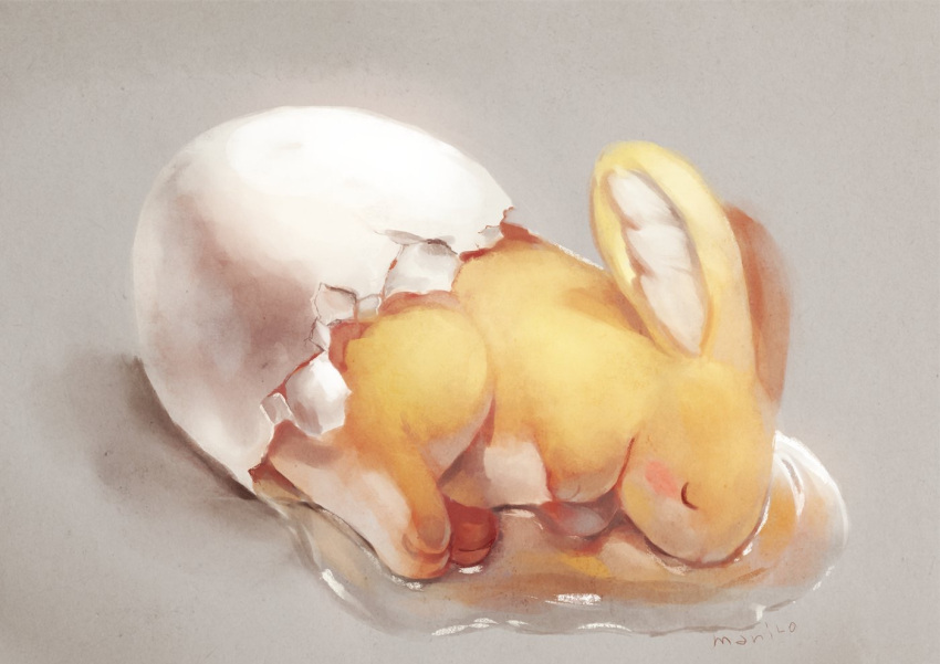 blush, closed_mouth, commentary_request, egg, from_side, grey_background, lying, manino_(mofuritaionaka)