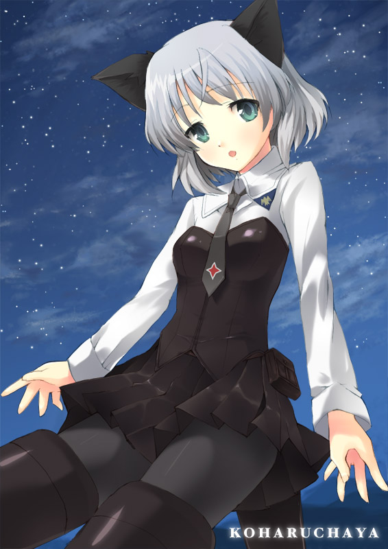 bad_id, black_legwear, cat_ears, green_eyes, kimishima_ao, kimishima_junsei, necktie, pantyhose