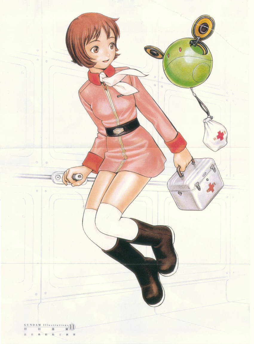 ascot, bob_cut, boots, brown_eyes, brown_hair, floating, frau_bow, gundam