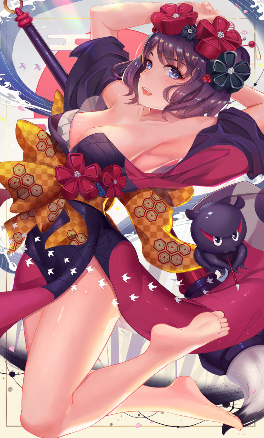 1girl, armpits, arms_behind_head, arms_up, bangs, bare_shoulders, barefoot, black_kimono