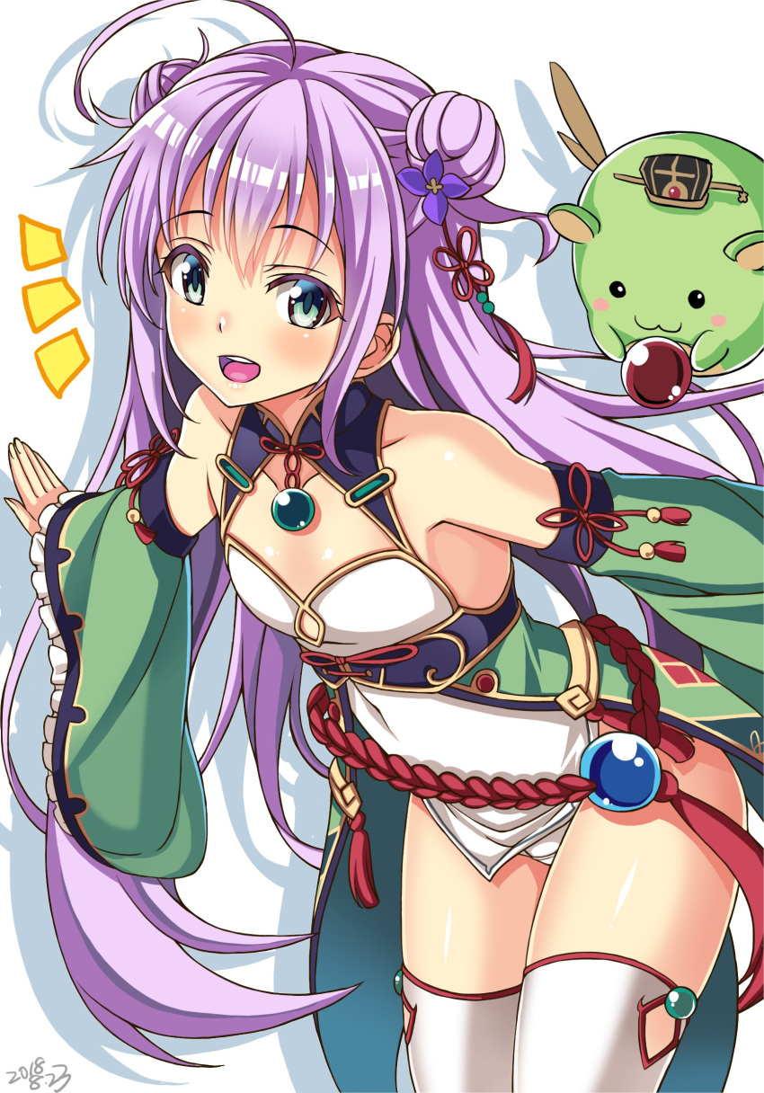 1girl, absurdres, ahoge, collarbone, commentary_request, detached_sleeves, double_bun, flat_chest