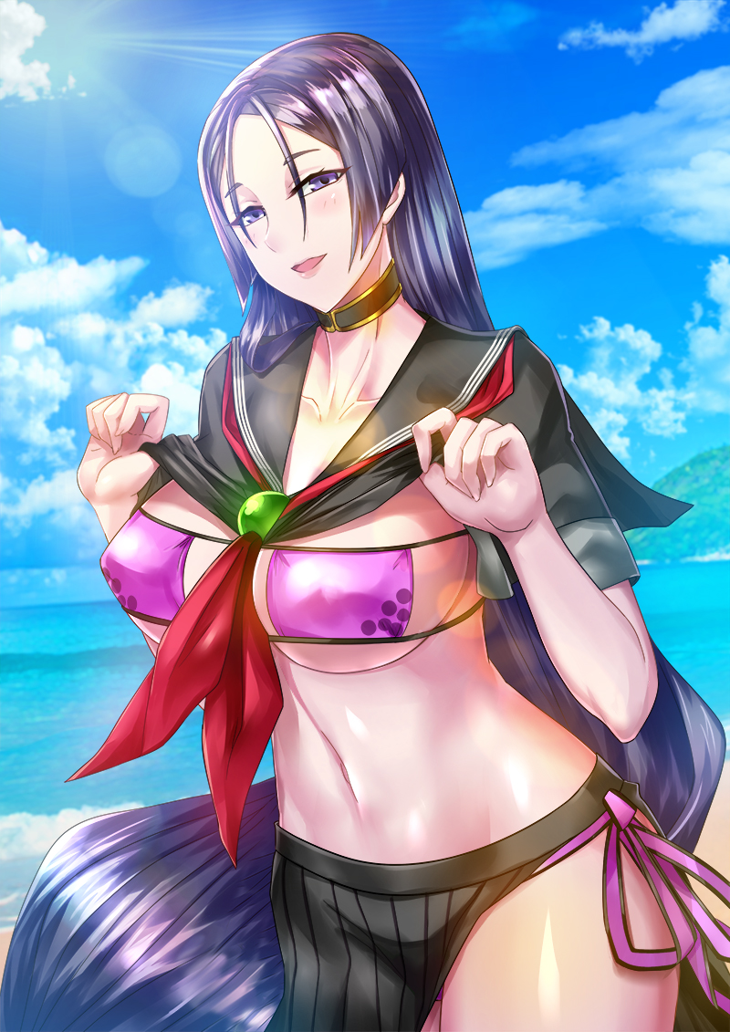 1girl, bangs, beads, bikini, black_serafuku, black_shirt, black_skirt, blue_sky