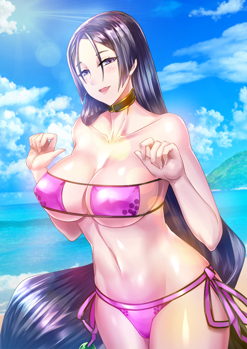 1girl, bangs, bikini, blue_sky, blush, breasts, choker, cleavage