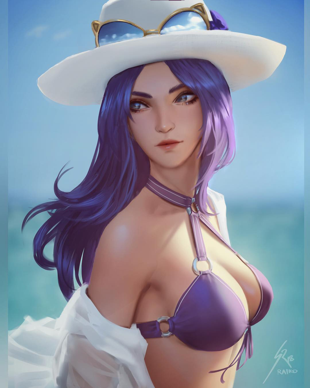 1girl, bikini, blurry, blurry_background, breasts, caitlyn_(league_of_legends), cleavage, closed_mouth