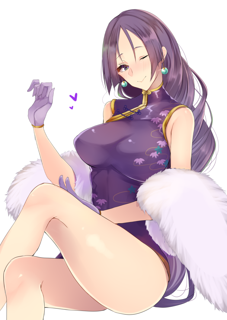 1girl, ashino, bangs, blush, breasts, china_dress, chinese_clothes, closed_mouth, commentary_request, curly_hair, dress, earrings, fate/grand_order, fate_(series), feather_boa, gloves, hair_between_eyes, heart, jewelry, knee_up, large_breasts, legs, legs_crossed, long_hair, looking_at_viewer, low-tied_long_hair, minamoto_no_raikou_(fate/grand_order), one_eye_closed, parted_bangs, purple_dress, purple_gloves, purple_hair, simple_background, sitting, smile, solo, thighs, very_long_hair, violet_eyes, white_background