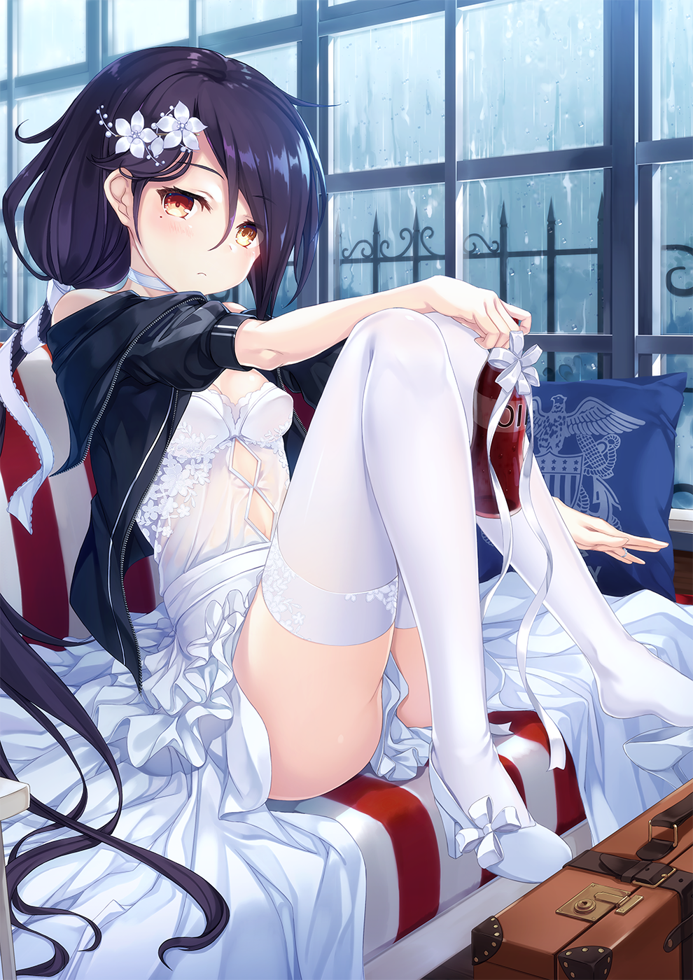 1girl, azur_lane, black_hair, cassin_(azur_lane), coke_bottle, commentary_request, dress, flower