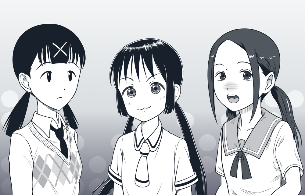 3girls, :3, akim_x, asobi_asobase, bangs, black_hair, blush, breasts