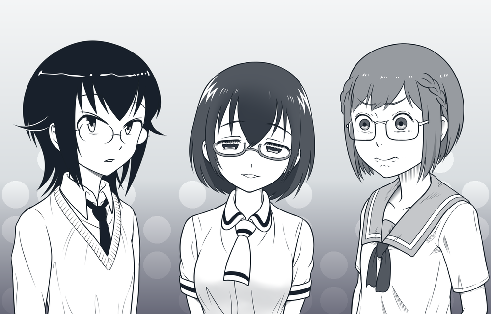 3girls, ahoge, akim_x, asobi_asobase, bangs, black_hair, braid, breasts