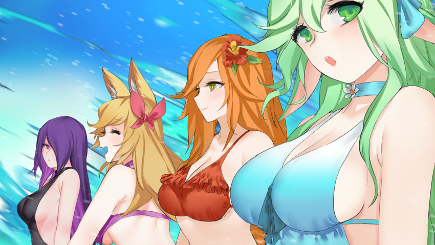 4girls, ahri, animal_ears, bare_shoulders, bikini, blonde_hair, bow, breasts