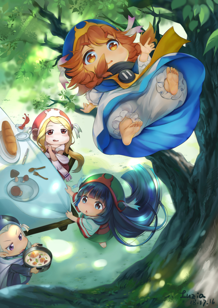 4girls, barefoot, black_hair, blonde_hair, bloomers, bread, brown_eyes, cup
