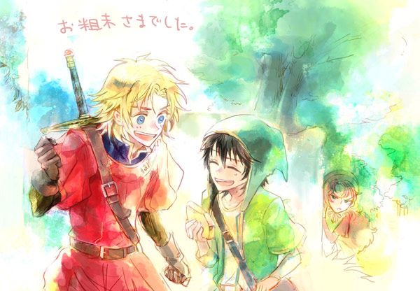 1girl, black_hair, blonde_hair, blue_eyes, commentary_request, curly_hair, dragon_quest, dragon_quest_vii