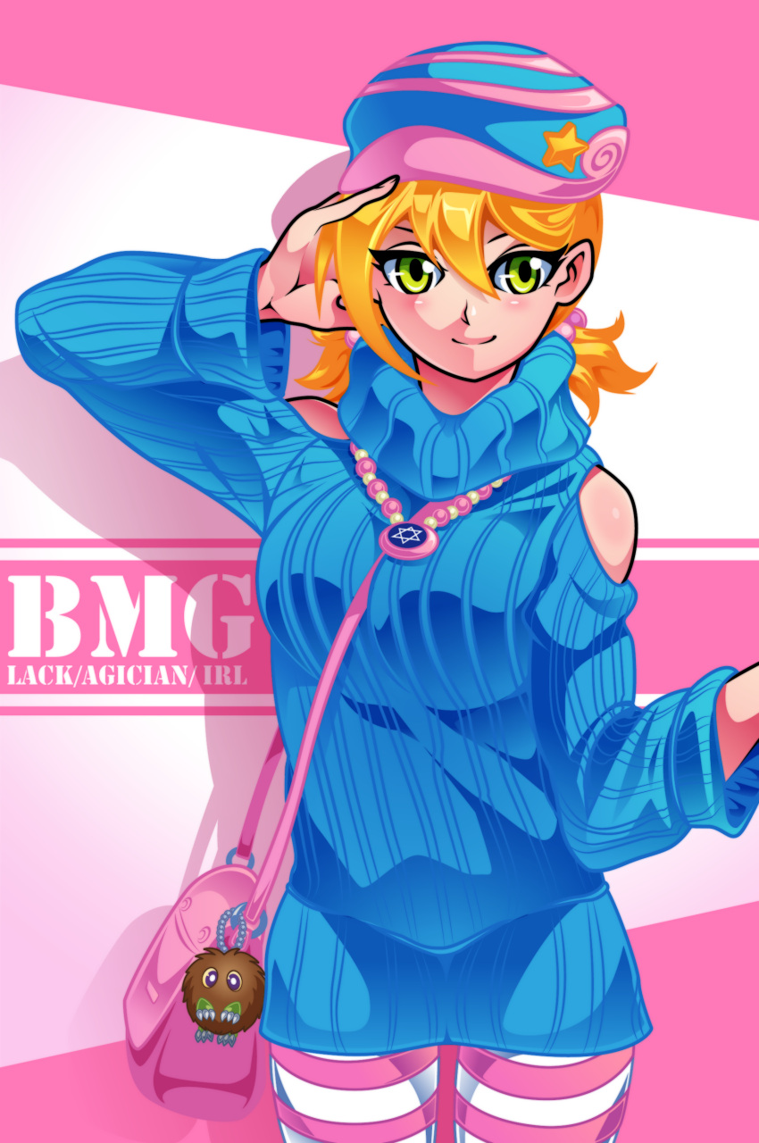 1girl, absurdres, alternate_hairstyle, bag, bare_shoulders, between_breasts, blonde_hair, blue_dress