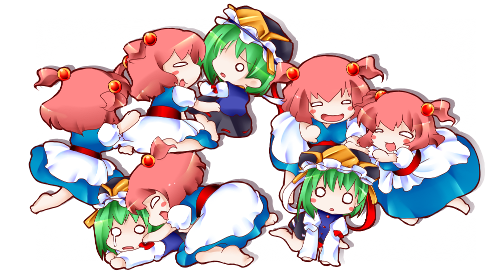 chibi, green_hair, hat, mitsuru, onozuka_komachi, red_hair, redhead, ribbon