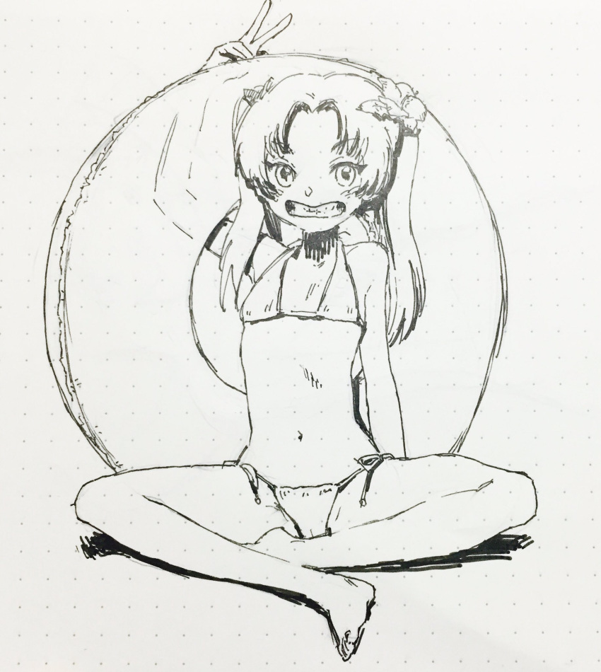 1girl, arm_up, bangs, bikini, blush, character_request, clenched_teeth, commentary_request