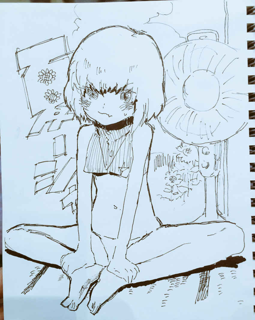 1girl, bikini, blush, character_request, commentary_request, electric_fan, feet_together, flat_chest, flower, girls_und_panzer, graphite_(medium), greyscale, hands_on_feet, highres, indian_style, looking_at_viewer, monochrome, navel, photo, sabuko_(pooooo), short_hair, sitting, solo, spread_legs, stomach, sunflower, swimsuit, traditional_media, translation_request