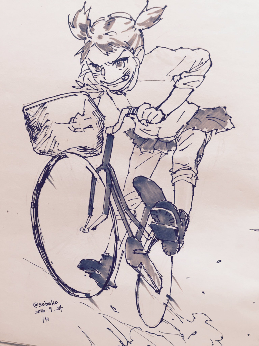 1girl, artist_name, bicycle, blush, character_request, clenched_hand, clenched_teeth, commentary_request
