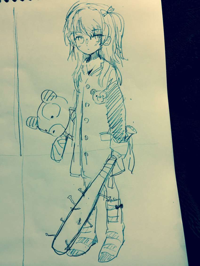 1girl, animal_print, bangs, baseball_bat, bear_print, bow, buttons, commentary_request