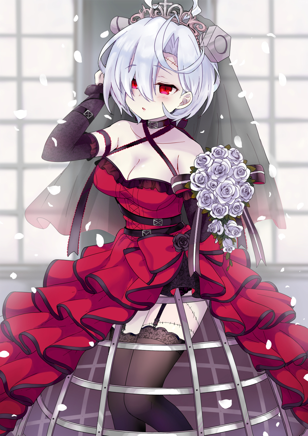 1girl, arm_up, azur_lane, bangs, bare_shoulders, black_legwear, blush, bolt