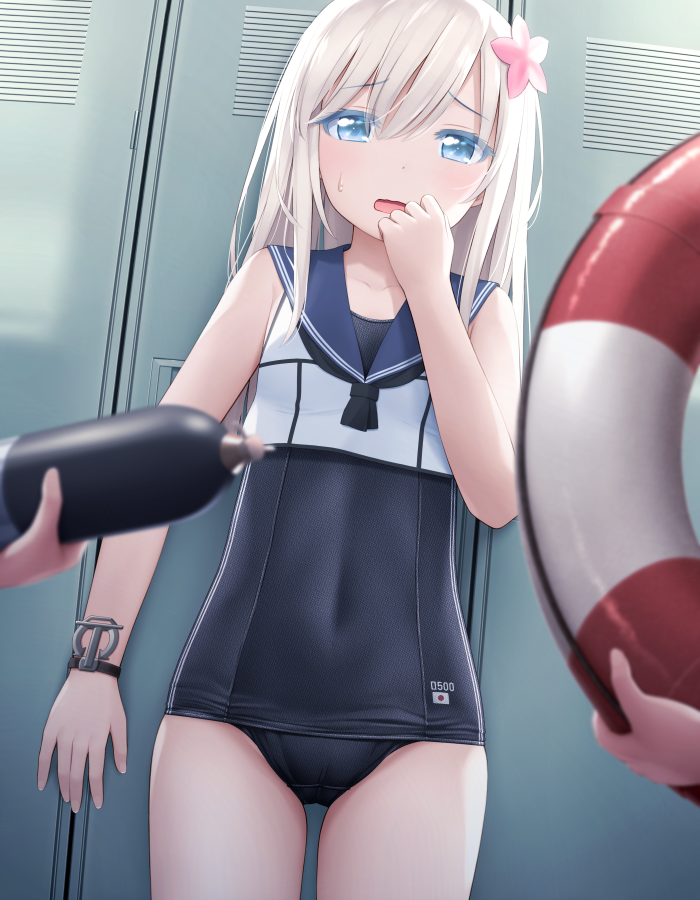 black_swimsuit, blue_eyes, collarbone, commentary_request, cosplay, covered_navel, crop_top, eyebrows_visible_through_hair