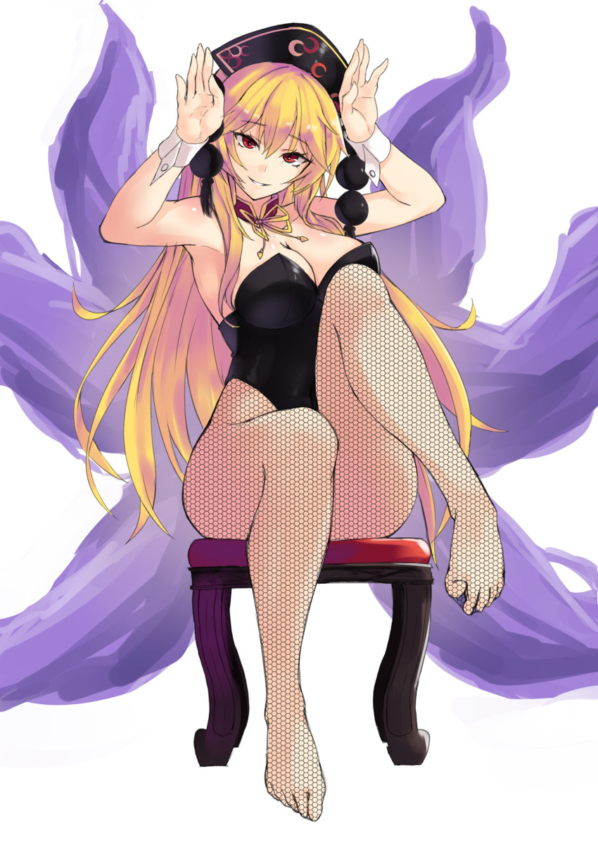 1girl, absurdres, armpits, blonde_hair, breasts, bunny_pose, cleavage, eyebrows_visible_through_hair