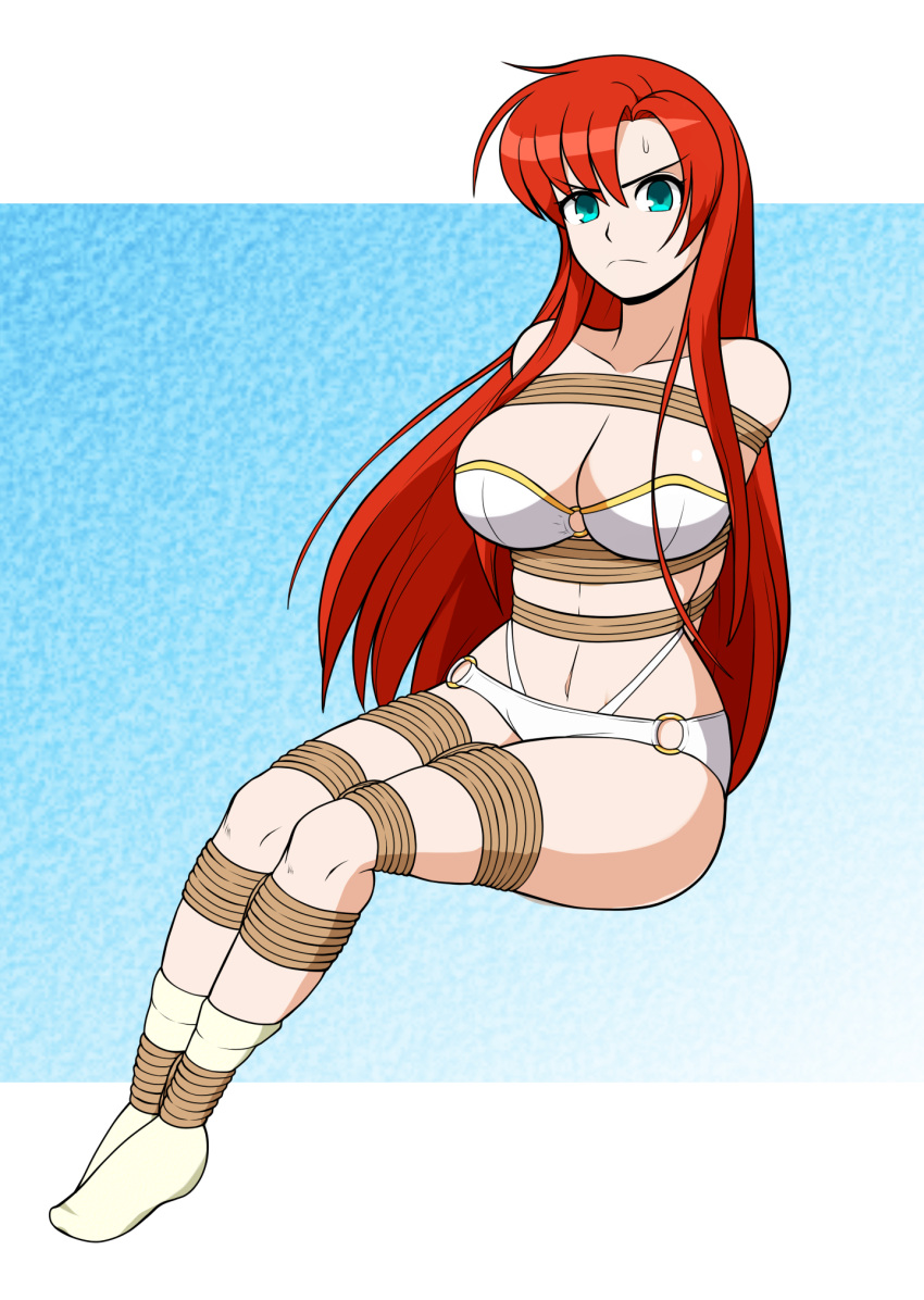 1girl, arms_behind_back, bdsm, bikini, bondage, boudica_(fate/grand_order), bound, bound_arms, breasts, brockendynamite, cleavage, fate/grand_order, fate_(series), green_eyes, highres, large_breasts, looking_at_viewer, navel, o-ring, o-ring_bikini, o-ring_bottom, o-ring_top, redhead, restrained, rope, shrug_(clothing), skindentation, solo, swimsuit, thick_thighs, thighs, tied_up, white_bikini