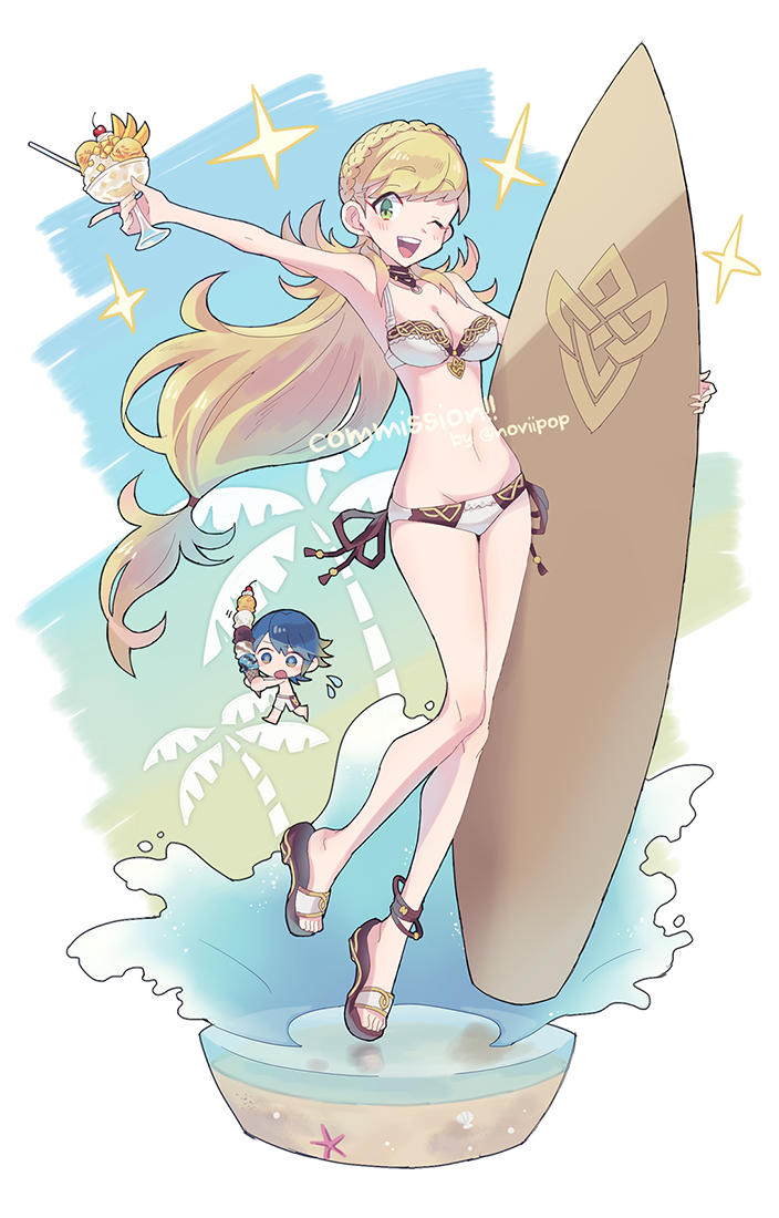 1boy, 1girl, alfonse_(fire_emblem), bikini, blonde_hair, blue_hair, braid, breasts