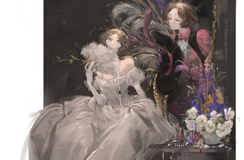 2girls, arm_support, brown_eyes, brown_hair, clone, closed_eyes, cravat, dress