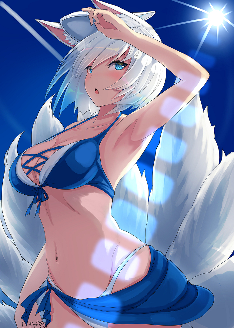 1girl, :o, alternate_costume, animal_ears, arm_up, armpits, azur_lane, bangs, bikini, blue_bikini, blue_eyes, blue_sarong, blue_sky, blush, breasts, cleavage, commentary_request, day, eyebrows_visible_through_hair, fox_ears, fox_tail, front-tie_top, groin, highleg, highleg_bikini, kaga_(azur_lane), large_breasts, looking_at_viewer, mask, multiple_tails, navel, opanchu_(hakusen), open_mouth, outdoors, sarong, short_hair, sidelocks, sky, solo, stomach, sun, sunlight, swimsuit, tail, tsurime, white_hair