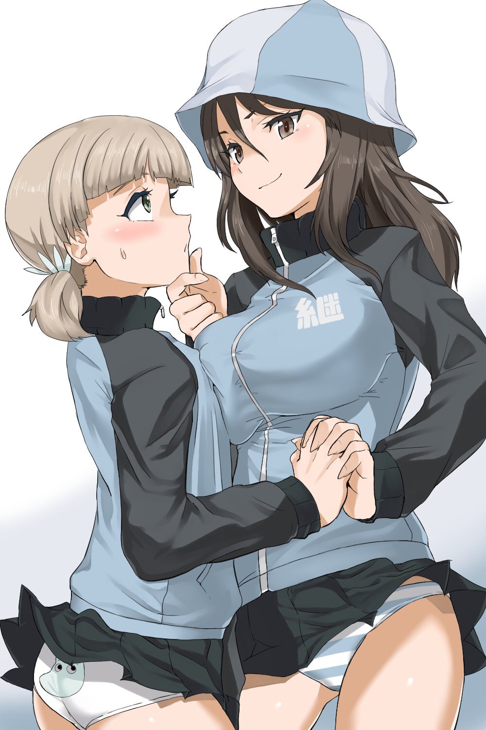 2girls, aki_(girls_und_panzer), ass, asymmetrical_docking, back-print_panties, bangs, blue_hat, blue_jacket