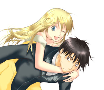 black_hair, blonde_hair, cleo_everlastin, hug, hug_from_behind, koma_(pixiv), koma_(pixiv340561), long_hair