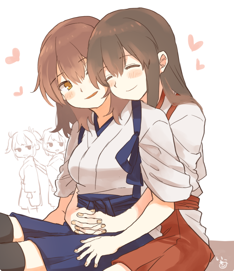 4girls, akagi_(kantai_collection), alternate_hairstyle, black_hair, black_legwear, blue_hakama, blush, breasts