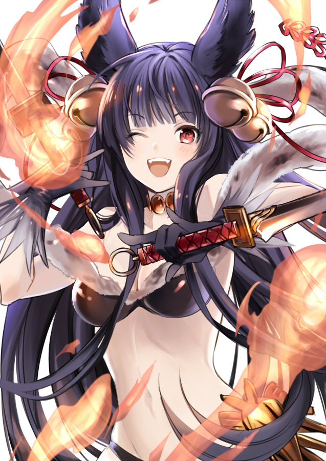 1girl, ;d, animal_ears, bare_shoulders, bell, black_gloves, black_hair, blush