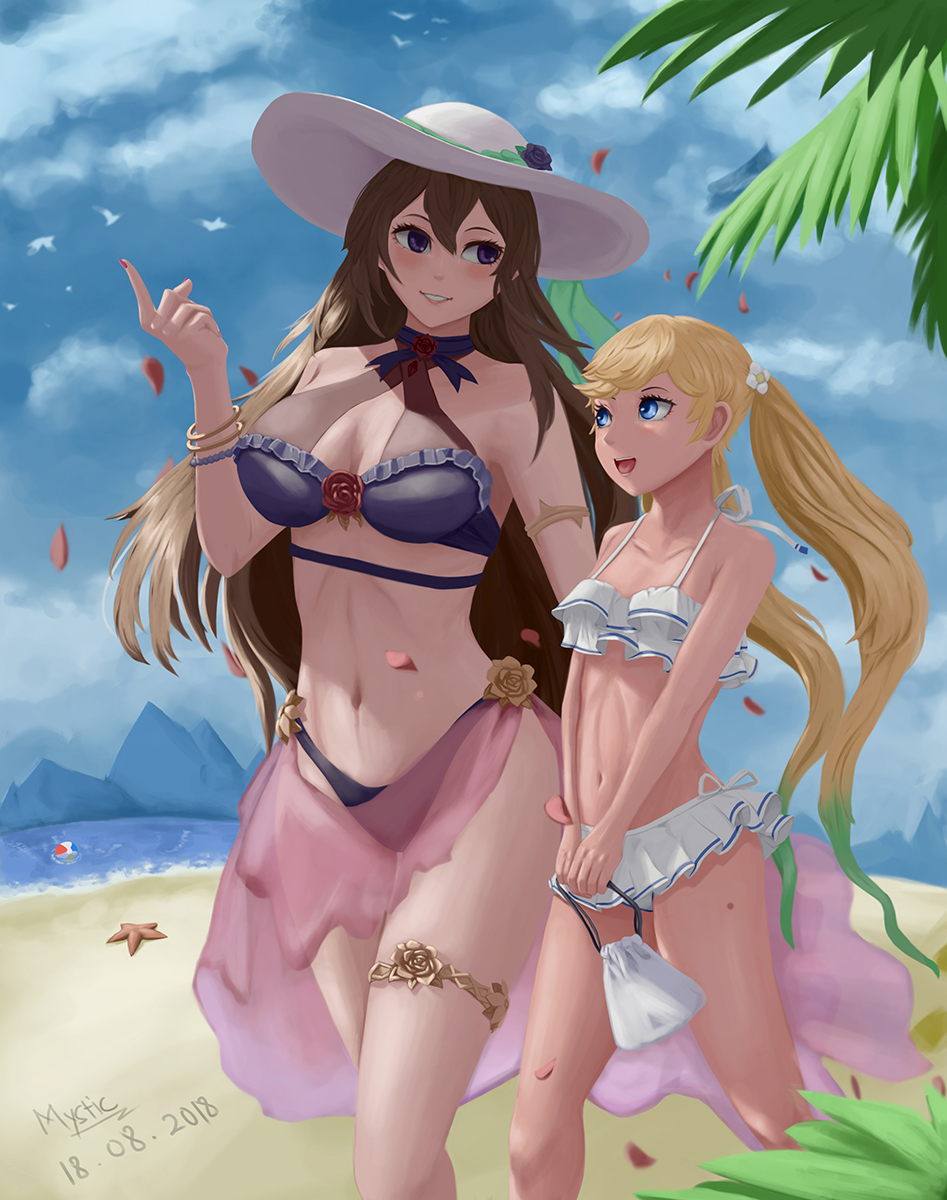 2018, 2girls, :d, armlet, artist_name, ball, beach, beachball, bikini, bird, blonde_hair, blue_eyes, blush, breasts, brown_hair, clouds, dated, day, flower, frilled_bikini, frills, granblue_fantasy, green_hair, hair_between_eyes, hair_flower, hair_ornament, hat, highres, holding, io_euclase, long_hair, looking_at_another, medium_breasts, multicolored_hair, multiple_girls, nail_polish, navel, number, open_mouth, outdoors, parted_lips, petals, pointing, pointing_up, poo_kai_jun, pouch, rosetta_(granblue_fantasy), sarong, sky, smile, starfish, swimsuit, thighlet, twintails, very_long_hair, violet_eyes, walking, white_hat, white_swimsuit