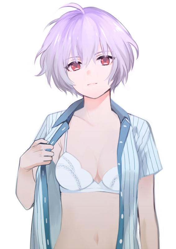 1girl, ahoge, arm_at_side, bra, breasts, cleavage, closed_mouth, collarbone, expressionless, eyebrows_visible_through_hair, green_shirt, hair_between_eyes, head_tilt, lavender_hair, looking_at_viewer, medium_breasts, navel, open_clothes, open_shirt, original, red_eyes, shirt, short_hair, short_sleeves, simple_background, striped, striped_shirt, umou_(user_xxhp7583), underwear, upper_body, vertical-striped_shirt, vertical_stripes, white_background, white_bra