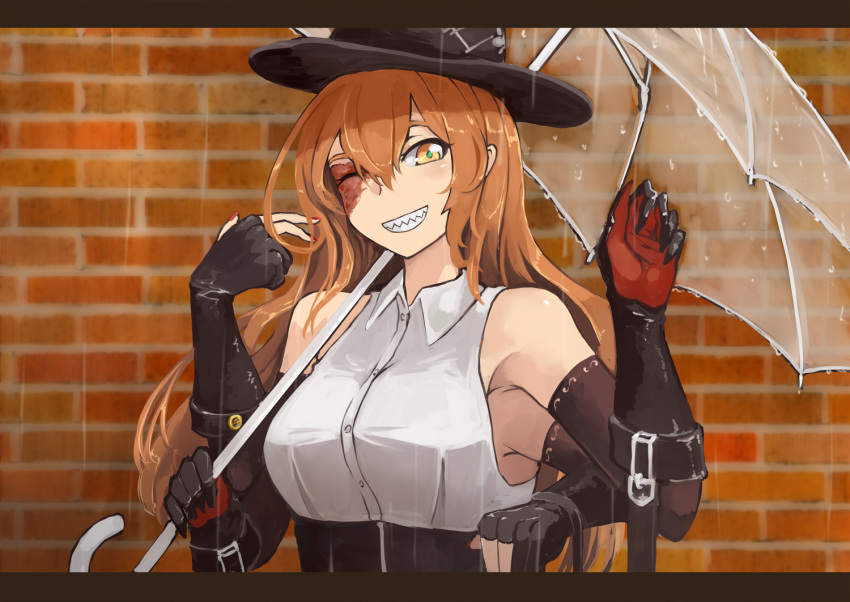 1girl, :d, black_gloves, black_hat, black_skirt, borrowed_character, breasts, brick_wall